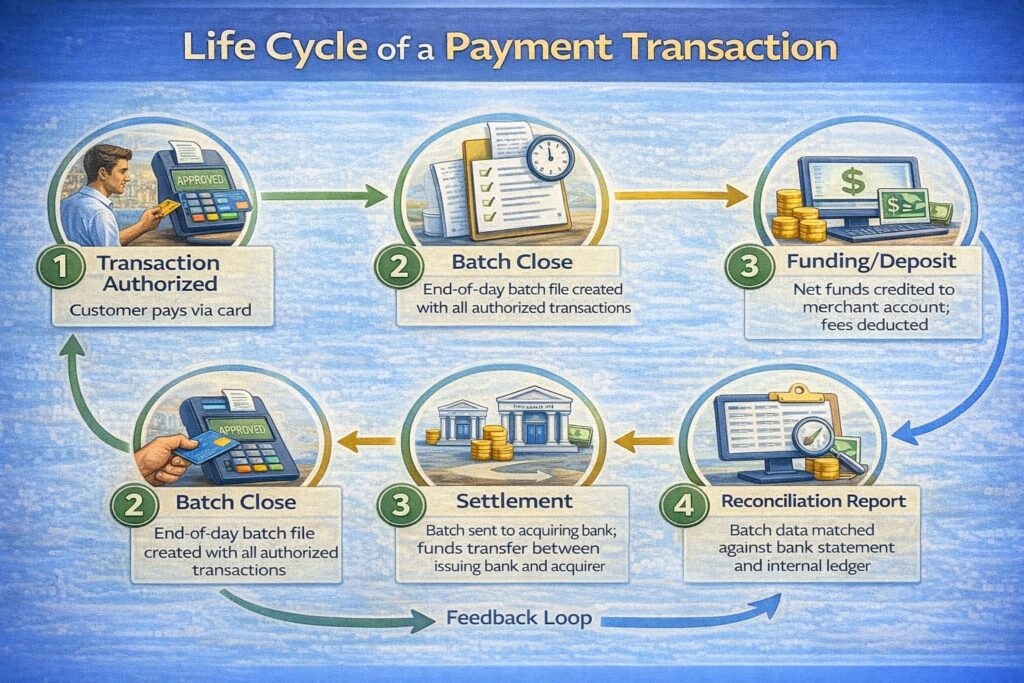 Diagram showing the five-step life cycle of a payment: transaction authorization, batch closure, settlement processing, fund deposit to merchant account, and reconciliation verification Diagram showing the five-step life cycle of a payment: transaction authorization, batch closure, settlement processing, fund deposit to merchant account, and reconciliation verification