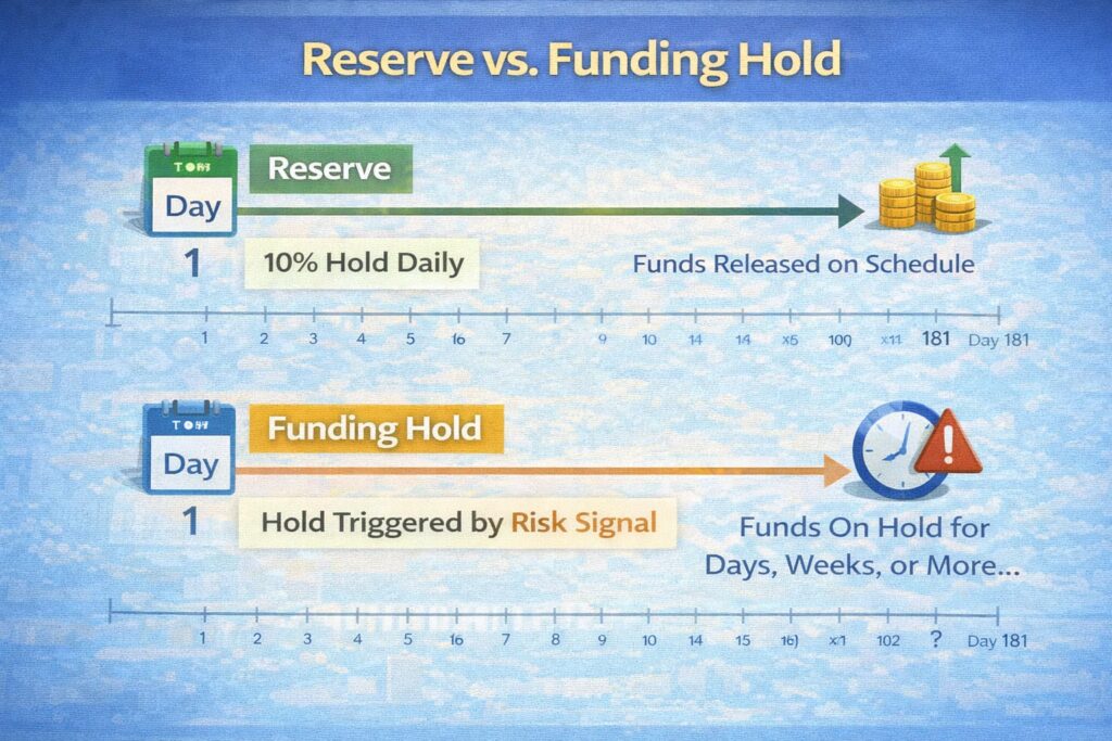 Comparison of reserve (predictable) vs. funding hold (reactive) Comparison of reserve (predictable) vs. funding hold (reactive)