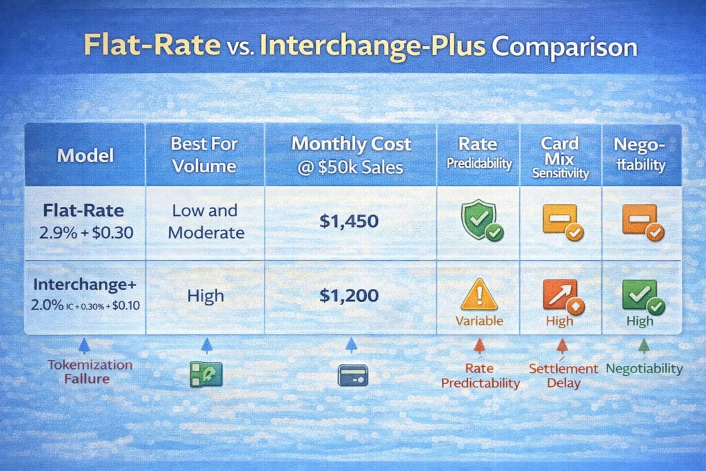 Comparison table of flat-rate and interchange-plus pricing models for payment processing, showing costs and tradeoffs Comparison table of flat-rate and interchange-plus pricing models for payment processing, showing costs and tradeoffs