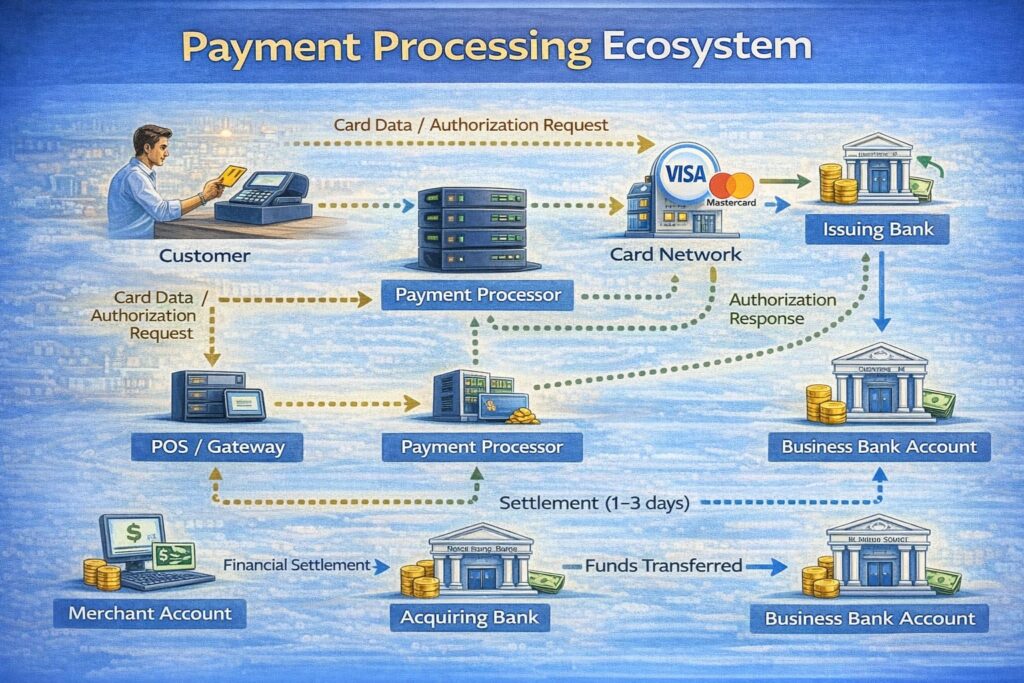 Diagram showing the complete payment processing ecosystem from customer card to business bank account, including all intermediaries and data/fund flows. Diagram showing the complete payment processing ecosystem from customer card to business bank account, including all intermediaries and data/fund flows.