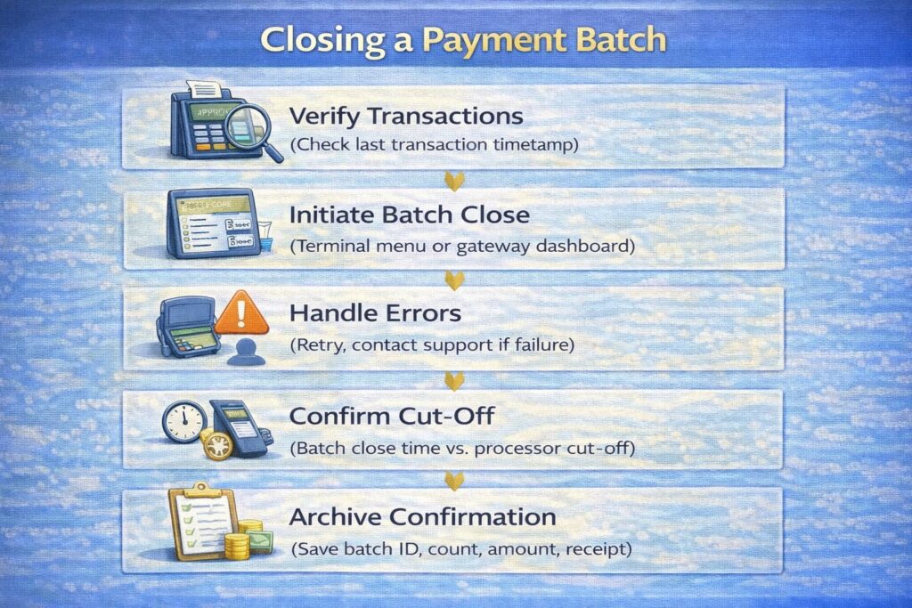 Flow diagram: five-step process for closing a payment batch, from verifying transactions through archival of confirmation documentation Flow diagram: five-step process for closing a payment batch, from verifying transactions through archival of confirmation documentation