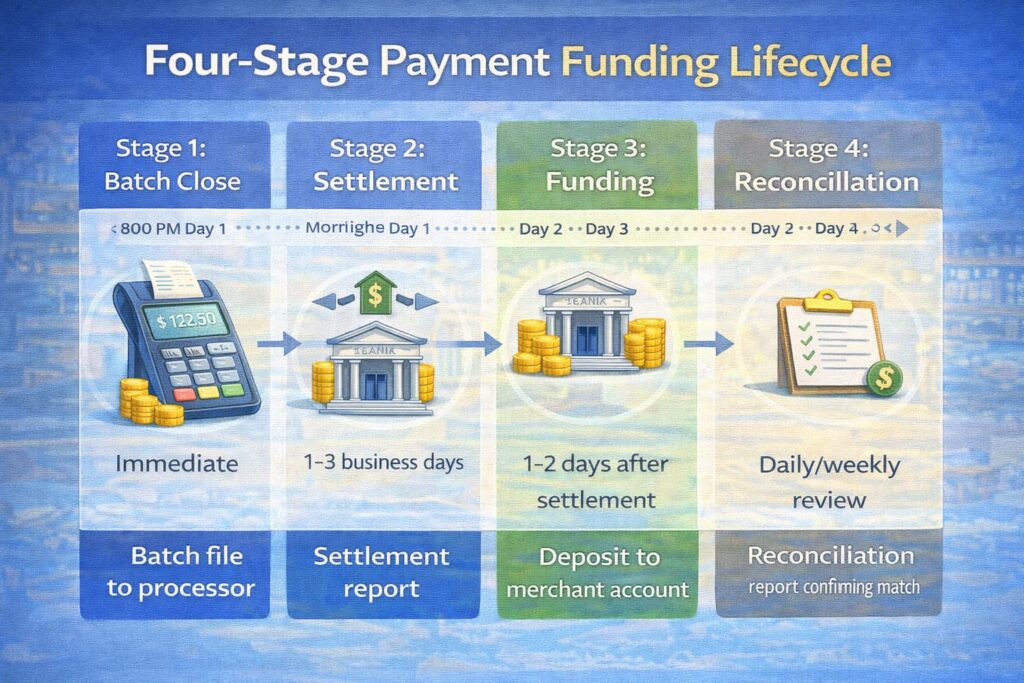 Infographic: four-stage payment funding lifecycle from batch close at 4 PM through settlement, bank deposit, and reconciliation, with typical timelines for each stage Infographic: four-stage payment funding lifecycle from batch close at 4 PM through settlement, bank deposit, and reconciliation, with typical timelines for each stage