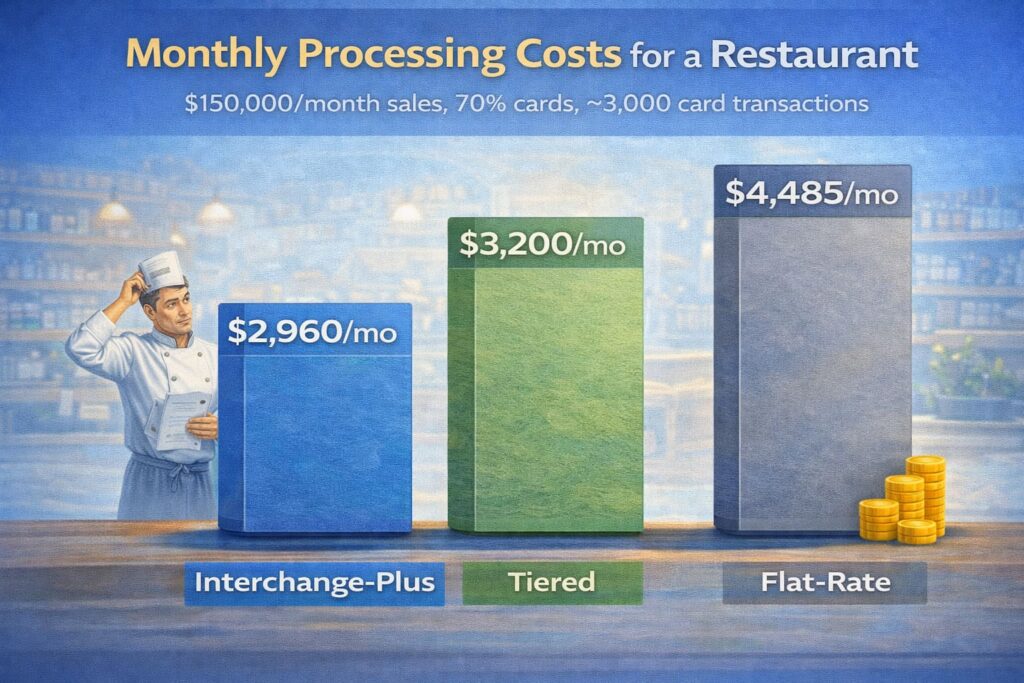 Monthly processing costs for a restaurant under three pricing models. Monthly processing costs for a restaurant under three pricing models.