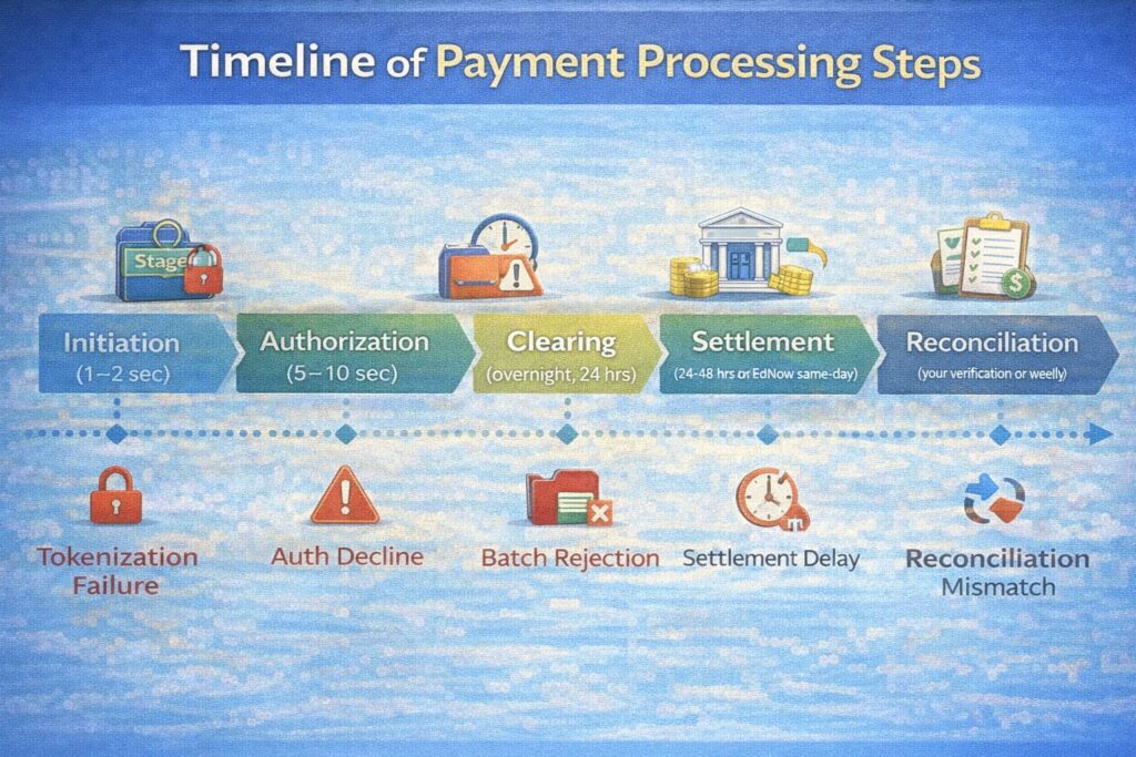 Timeline diagram showing the five stages of payment processing, typical timelines for each stage, and common failure points where transactions can be delayed or lost. Timeline diagram showing the five stages of payment processing, typical timelines for each stage, and common failure points where transactions can be delayed or lost.