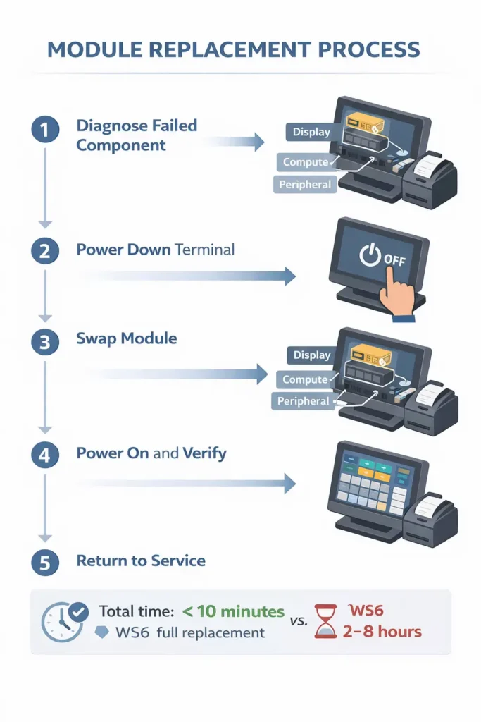 Step-by-step diagram showing modular POS repair process: diagnose, power down, swap module, restart, and return to service
