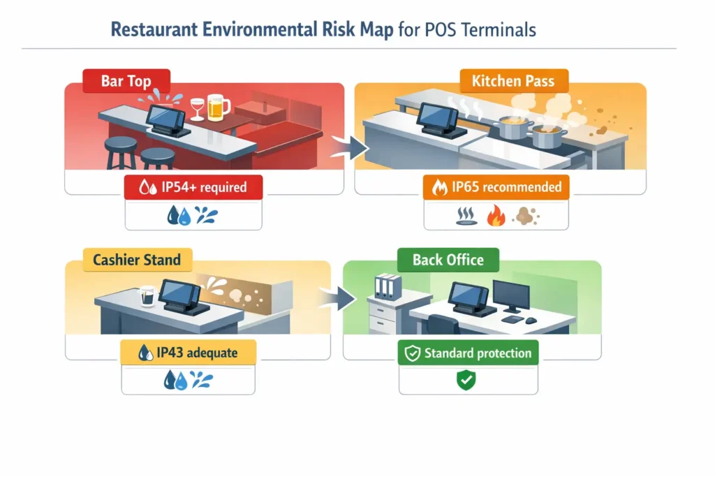 Infographic of restaurant zones showing POS hardware risk levels and required IP protection for bar, kitchen, cashier, and office
