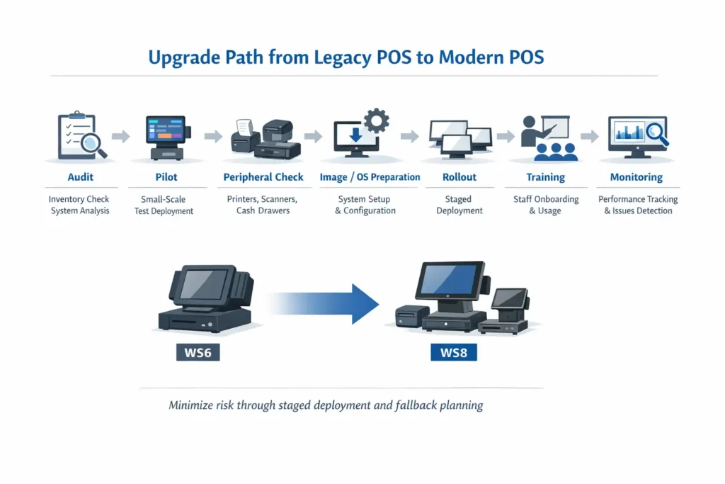 Process flow diagram of phased POS upgrade from Workstation 6 to Workstation 8 with audit, pilot, rollout, and monitoring stages