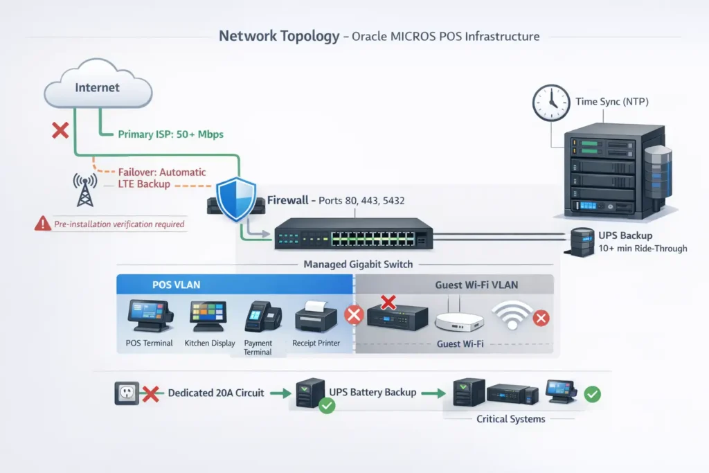 Network topology diagram showing Oracle MICROS POS infrastructure: primary fiber internet with LTE failover, firewall, managed switch with POS and guest Wi-Fi VLAN segmentation, server with UPS backup, and all connected POS peripherals. Critical verification points highlighted in red.