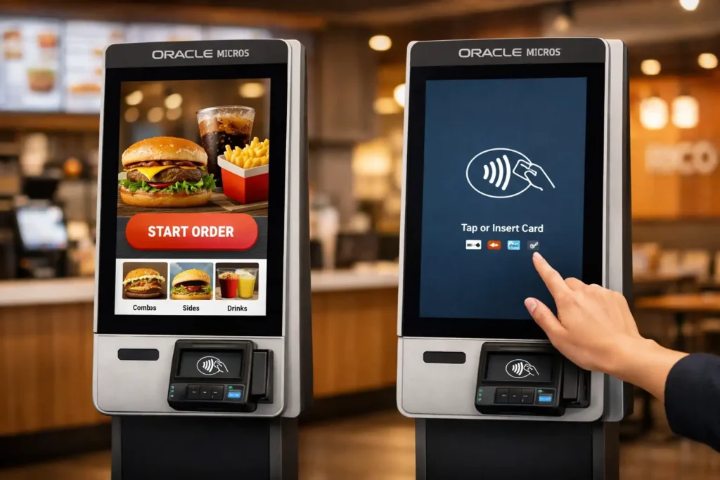 Oracle MICROS self-ordering kiosk in a quick service restaurant with contactless payment — dual Workstation 8 Series terminals displaying order selection screens and NFC payment interface