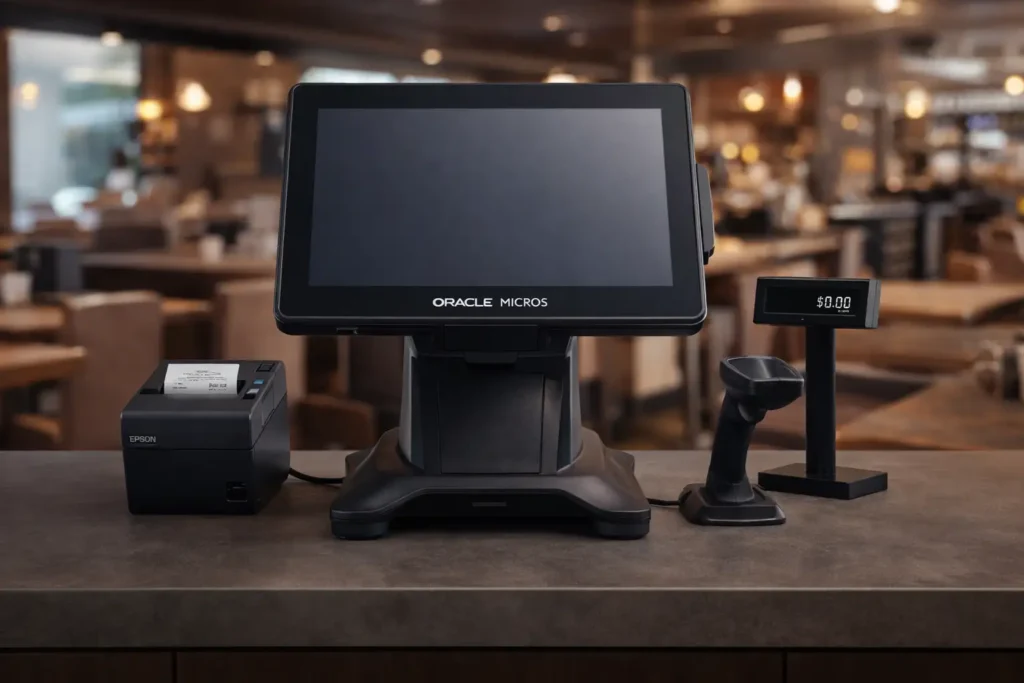 Oracle Micros POS terminal in restaurant infrastructure: workstation, peripherals, and checkout area