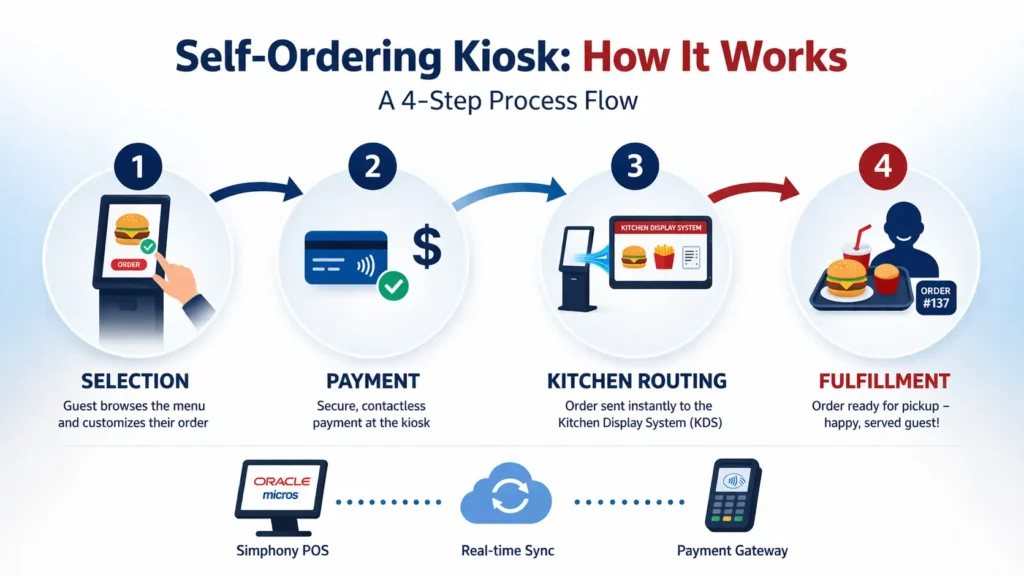 Oracle MICROS self-ordering kiosk process flow diagram: Selection → Payment → Kitchen Routing → Fulfillment with POS and KDS integration icons