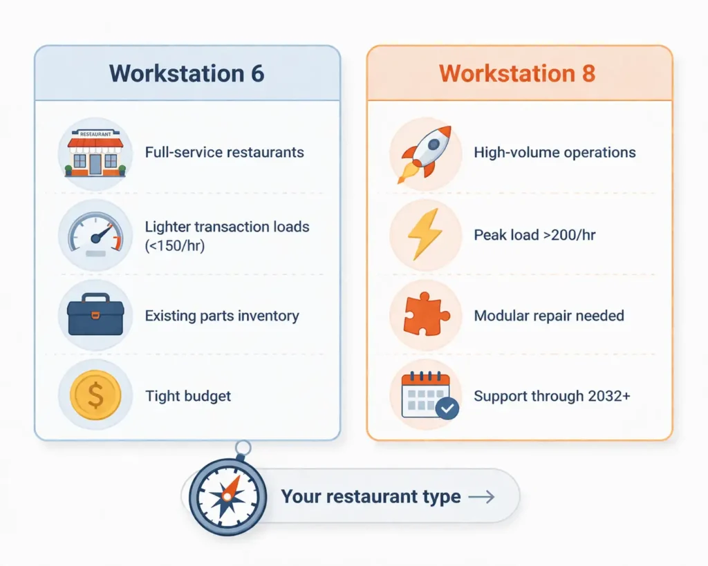 Checklist for choosing Micros Workstation 6 or Workstation 8 based on restaurant needs