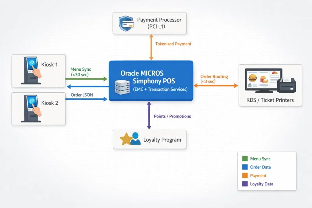 Oracle MICROS kiosk integration architecture with Simphony, payment processing, and KDS: data flow diagram between kiosk, POS server, payment gateway, and kitchen display system