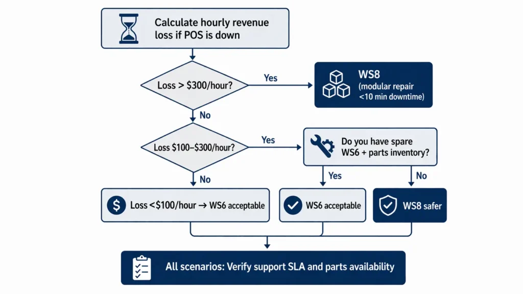 Decision flowchart for selecting Workstation 6 or Workstation 8 based on hourly downtime cost and service model