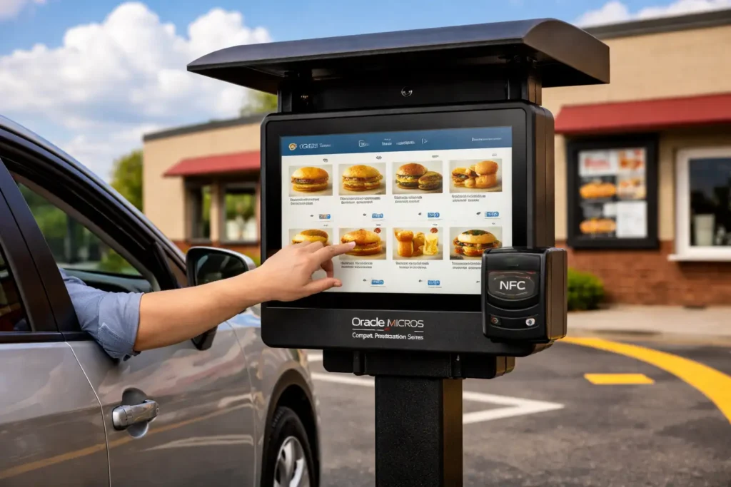 Outdoor Oracle MICROS digital ordering kiosk in a drive-thru lane: weatherproof Compact Workstation 3 Series terminal with EMV/NFC reader installed at the pickup window approach zone