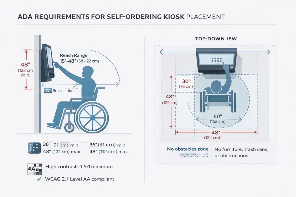 ADA-compliant kiosk placement diagram: screen height requirements (36–48 inches), clear floor space (30×48 inches), and wheelchair access zone specifications