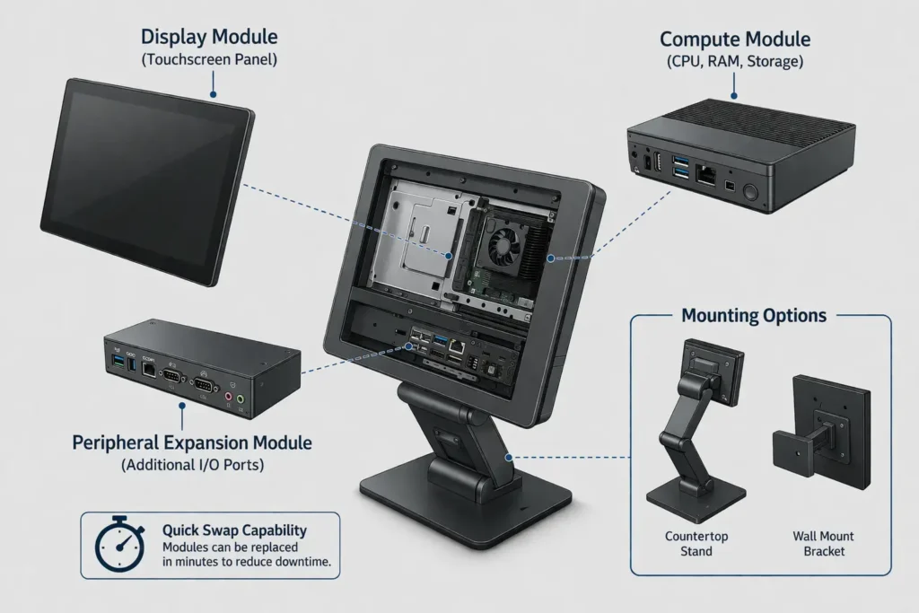 Exploded view diagram of Oracle Micros Workstation 8 modular architecture showing display module, compute module, peripheral expansion module, and mounting options