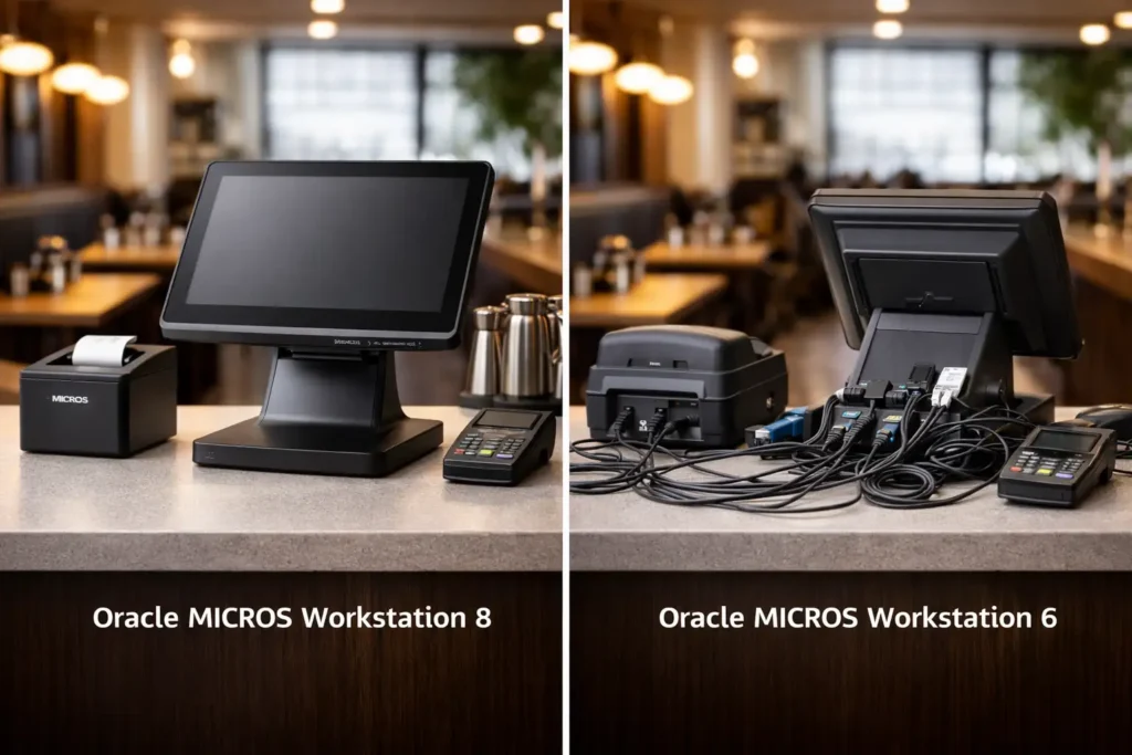 Modern restaurant bar POS setup with a compact Workstation 8 terminal, minimal cables, and clean, spill-resistant installation