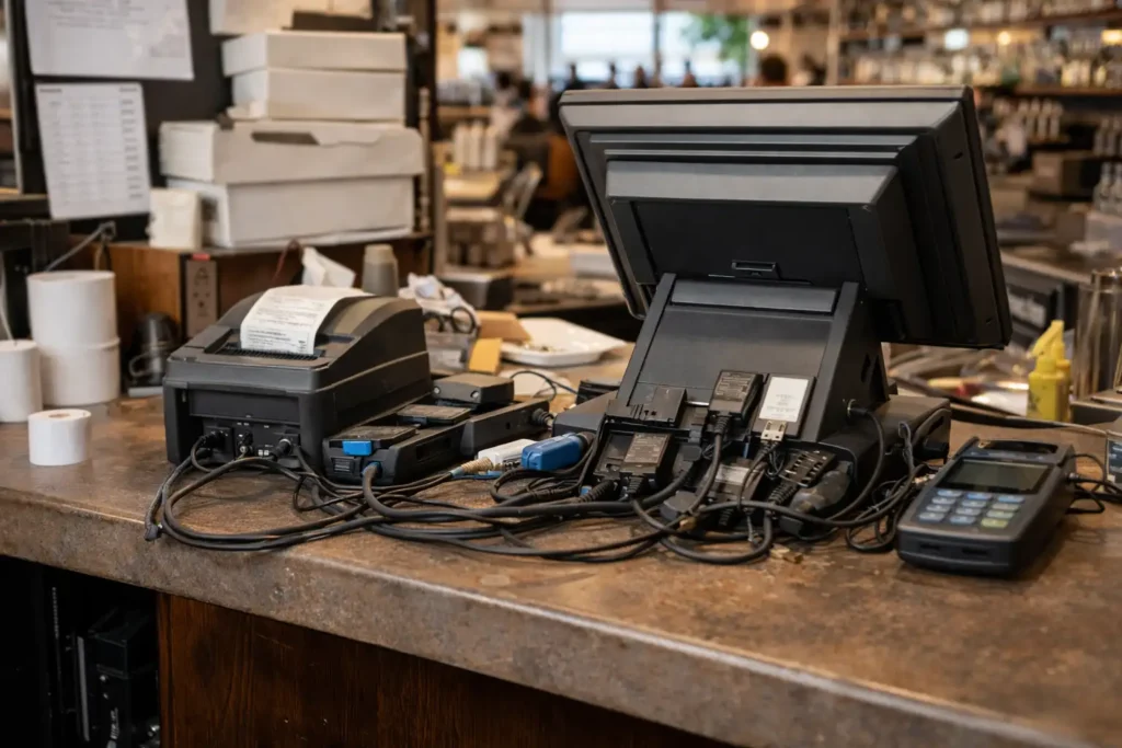 Older restaurant POS setup with a bulky Workstation 6 terminal, visible cable clutter, adapters, and protective covers