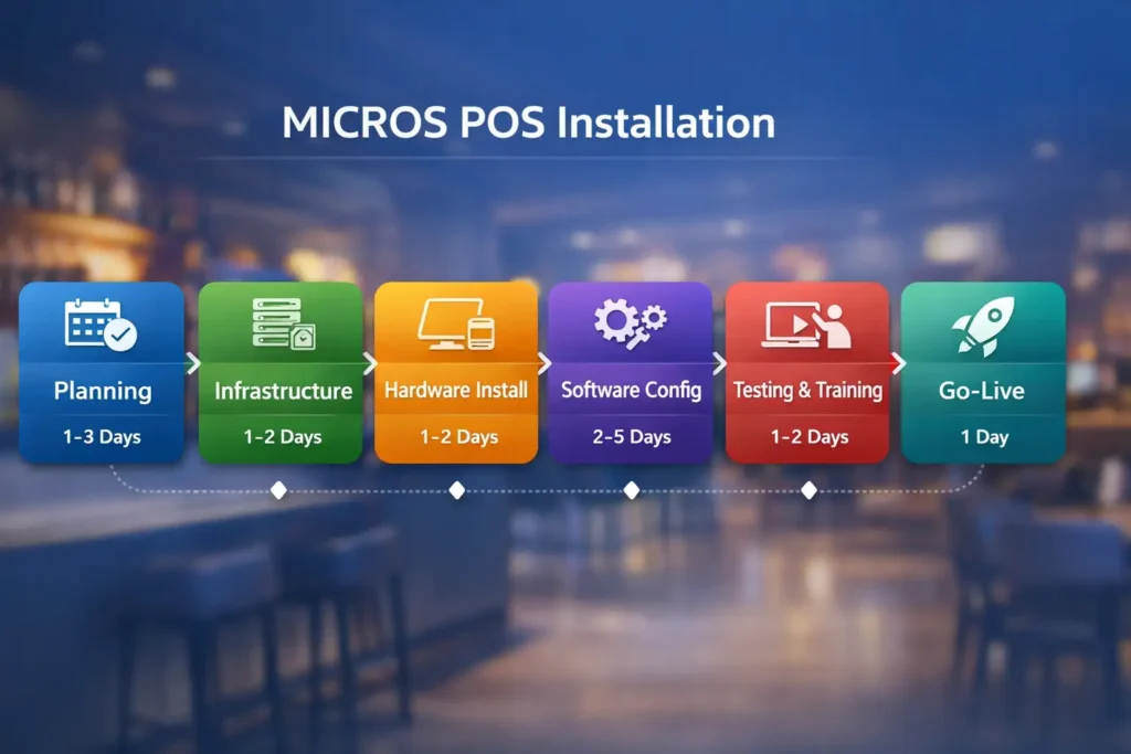 Oracle Micros POS installation phases and typical duration by stage