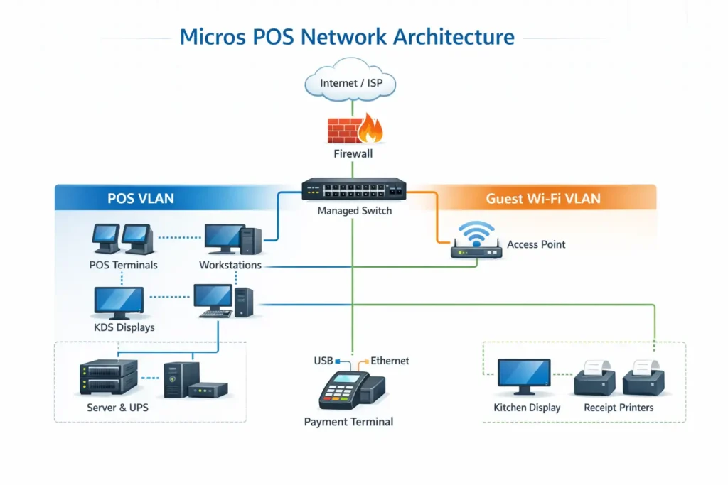 Micros POS network topology with VLAN segmentation, firewall, and redundancy