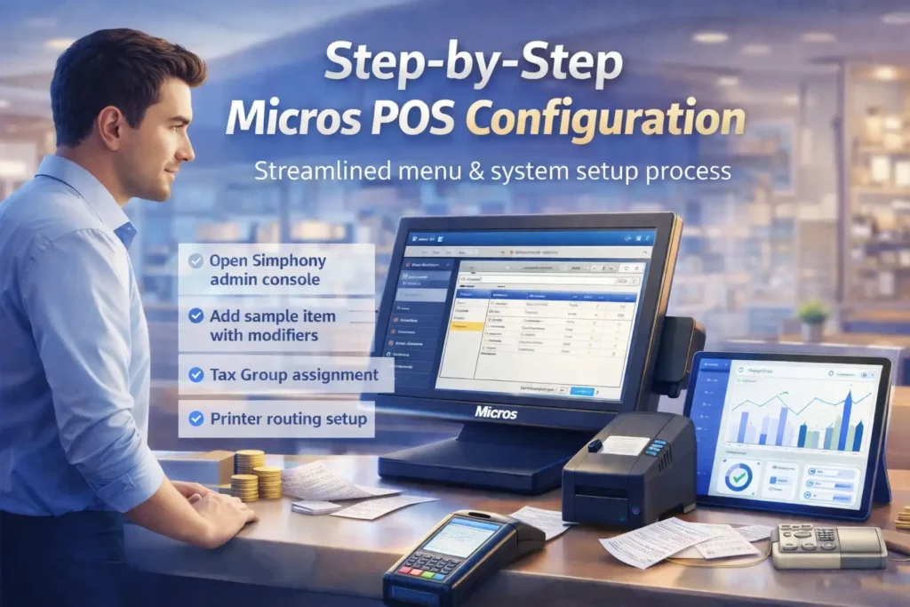 Step-by-step video walkthrough of Micros POS menu and system configuration process