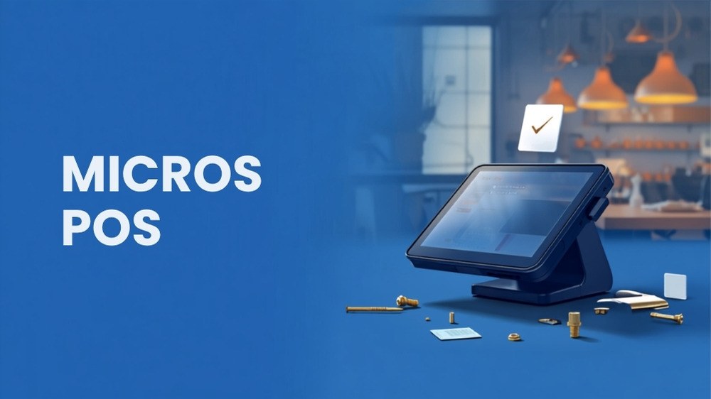 MICROS POS workstation on a service bench with repair tools and a maintenance checklist