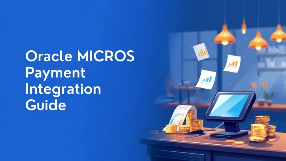 Oracle MICROS POS terminal, card payment receipt and analytics charts on a restaurant counter