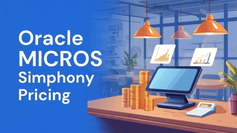 Oracle MICROS Simphony POS terminal with stacks of gold coins and a calculator on a restaurant counter