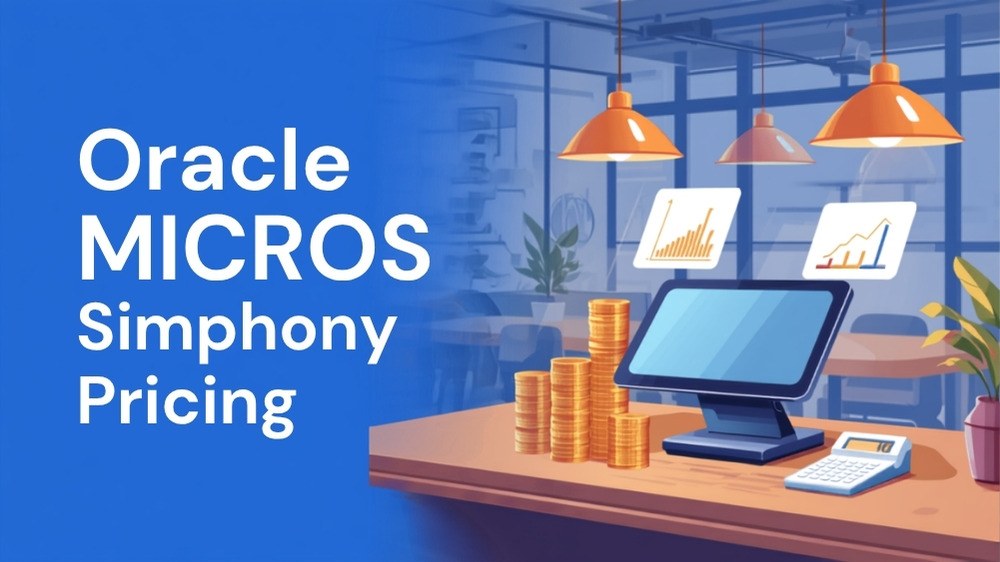 Oracle MICROS Simphony POS terminal with stacks of gold coins and a calculator on a restaurant counter